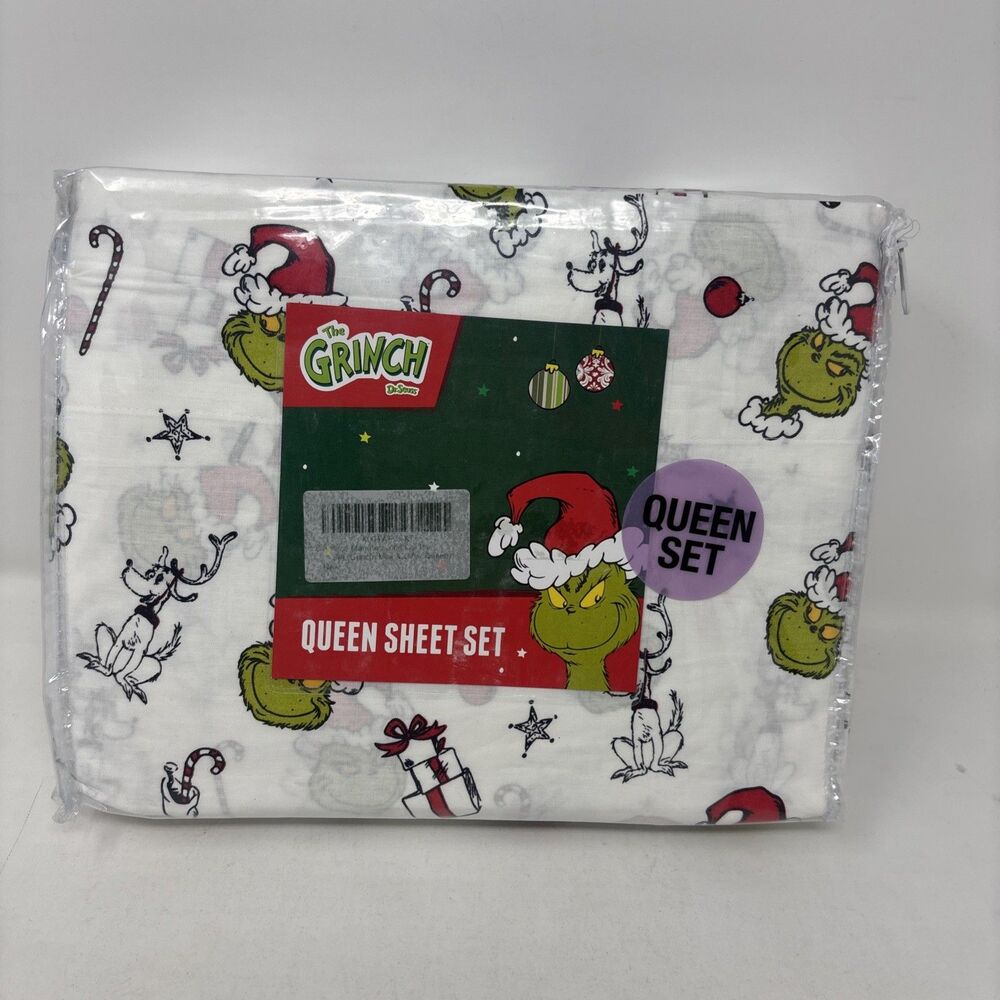 4 Pc Dr. Seuss The Grinch QUEEN Size Cotton  Sheet Set Christmas Soft NWT